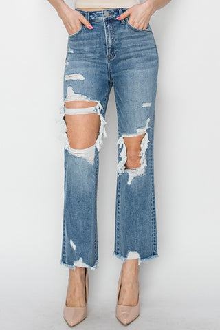 RISEN High Rise Distressed Crop Straight Jeans Trendsi