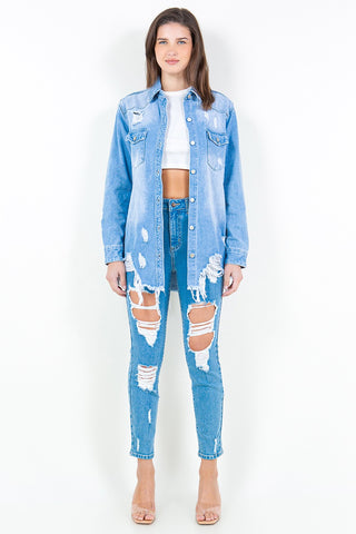 American Bazi Frayed Hem Distressed Denim Shirt Jacket Trendsi