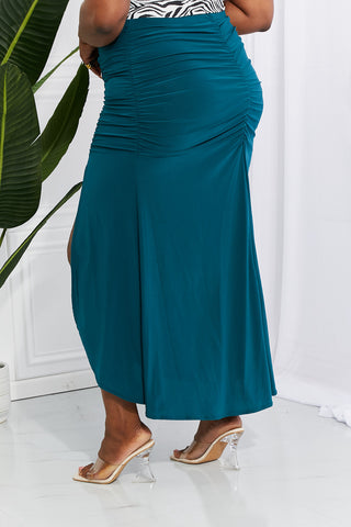 White Birch Full Size Up and Up Ruched Slit Maxi Skirt in Teal Trendsi