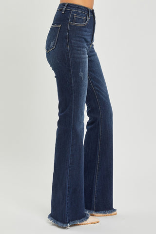 RISEN High Waist Raw Hem Flare Jeans Trendsi