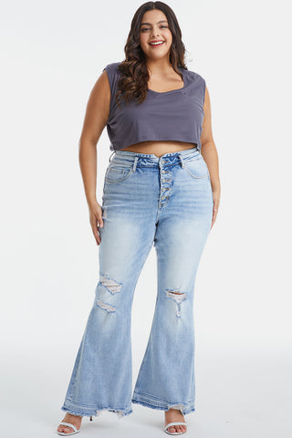 BAYEAS Full Size Distressed Raw Hem High Waist Flare Jeans Trendsi