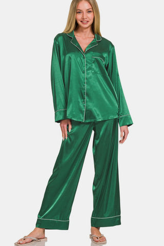 Zenana Satin Long Sleeve Shirt and Pants Pajama Set Trendsi