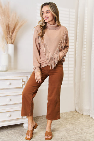 Woven Right Turtleneck Fringe Front Long Sleeve Sweater Trendsi