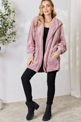 H&T Faux Fur Open Front Hooded Jacket Trendsi