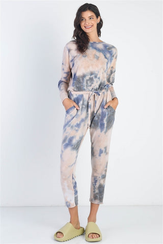 Cherish Apparel Tie-Dye Round Neck Long Sleeve Jumpsuit Trendsi