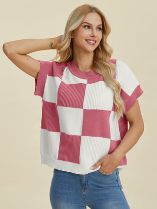 Double Take Full Size Checkered Round Neck Short Sleeve Sweater Trendsi