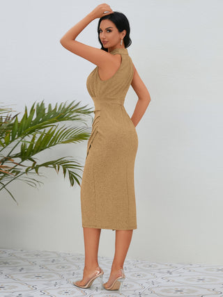 Slit Ruched Mock Neck Sleeveless Dress Trendsi