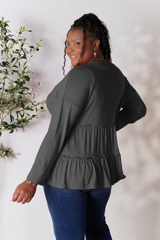 Double Take Half Button Long Sleeve Ruffle Hem Blouse Trendsi