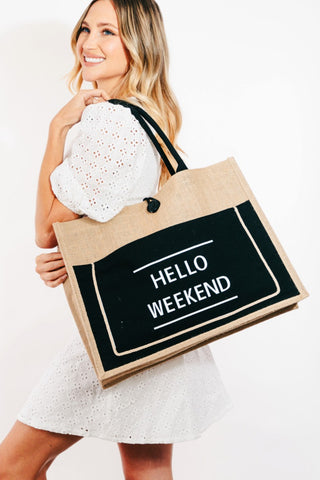 Fame Hello Weekend Burlap Tote Bag Trendsi