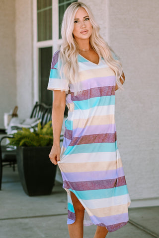 Striped V-Neck Curved Hem Midi Dress Trendsi