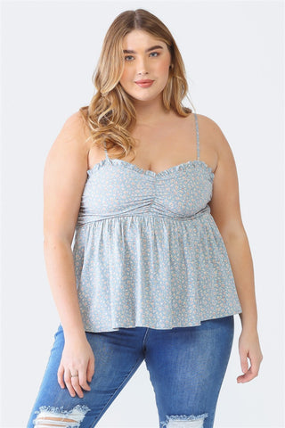 Zenobia Plus Size Frill Smocked Floral Sweetheart Neck Cami Trendsi