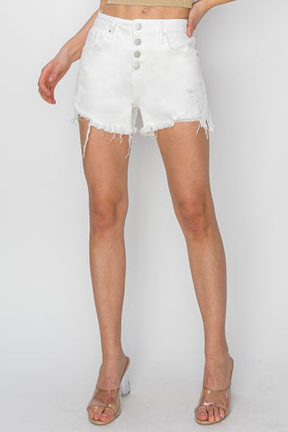 RISEN Button Fly Frayed Hem Denim Shorts Trendsi