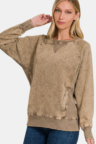 Zenana Pocketed Round Neck Sweatshirt Trendsi