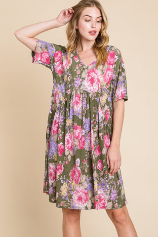 BOMBOM Flower Print V-Neck Ruched Dress Trendsi