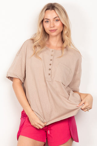 VERY J Twisted Sleeve Band Half Button Top Trendsi