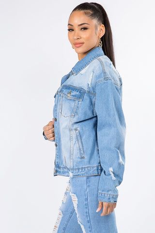 American Bazi Graphic Distressed Long Sleeve Denim Jacket Trendsi