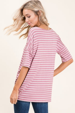 BOMBOM Striped Round Neck Half Sleeve T-Shirt Trendsi