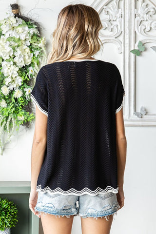 First Love Full Size Contrast Wavy Crochet Drop Shoulder Knit Top Trendsi