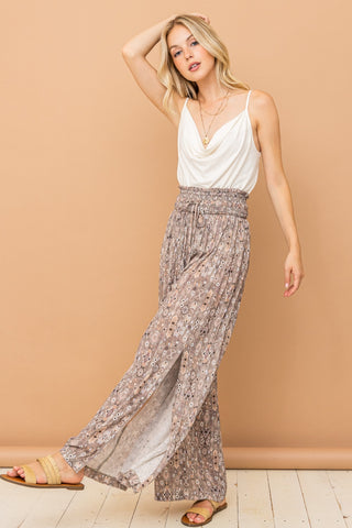 And The Why Printed Smocked Waist Slit Wide Leg Pants Trendsi