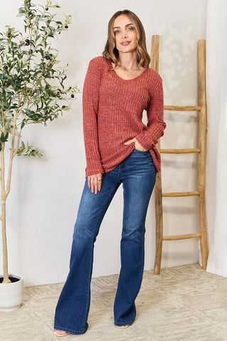 Ribbed V-Neck Long Sleeve T-Shirt Trendsi