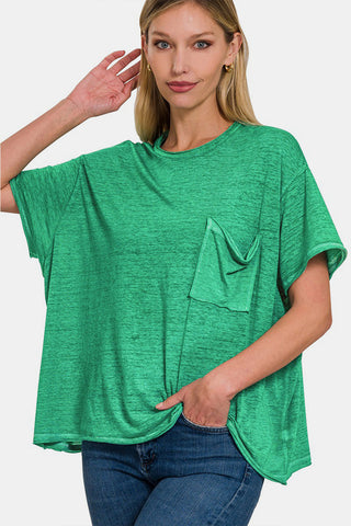 Zenana Pocketed Round Neck Dropped Shoulder T-Shirt Trendsi