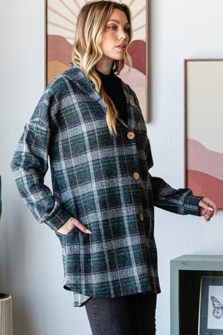 Heimish Plaid Button Down Long Sleeve Hooded Cardigan Trendsi