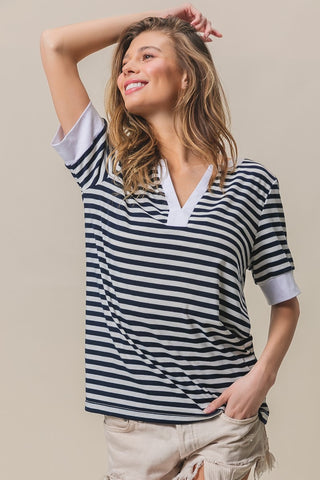 BiBi Contrast Striped Notched Knit Top Trendsi