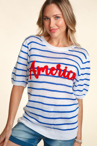 Haptics Letter Embroidery Striped Knit Top Trendsi