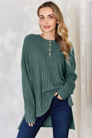 Basic Bae Full Size Ribbed Half Button Long Sleeve High-Low T-Shirt Trendsi