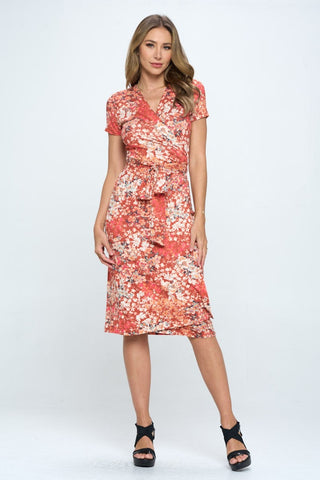 RENEE C Floral Tie Front Surplice Short Sleeve Dress Trendsi