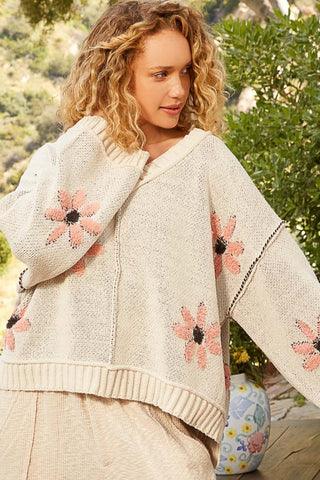 POL V-Neck Floral Pattern Chenille Sweater Trendsi