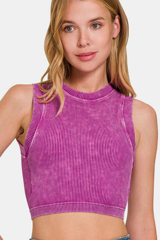 Zenana Washed Ribbed Seamless Crop Tank with Bra Pad Trendsi