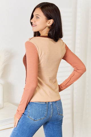 Double Take Color Block Exposed Seam Long Sleeve Top Trendsi