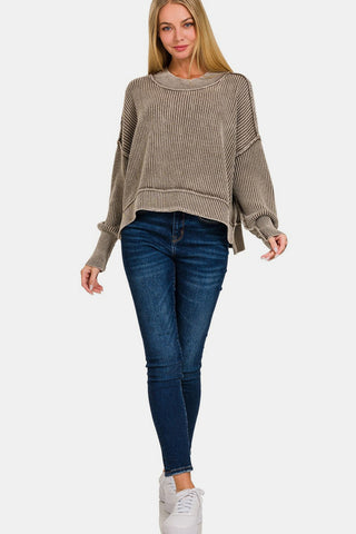 Zenana Exposed Seam Round Neck Dropped Shoulder Sweater Trendsi