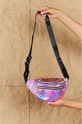 Fame Good Vibrations Holographic Double Zipper Fanny Pack in Hot Pink Trendsi