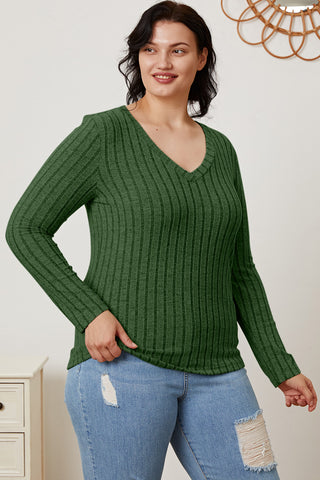 Basic Bae Full Size Ribbed V-Neck Long Sleeve T-Shirt Trendsi