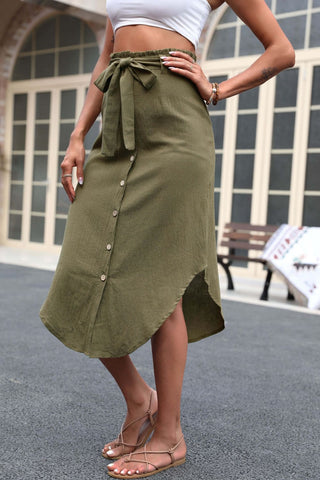 Perfee Tie Belt Frill Trim Buttoned Skirt Trendsi