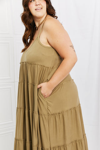 Zenana Full Size Spaghetti Strap Tiered Dress with Pockets in Khaki Trendsi