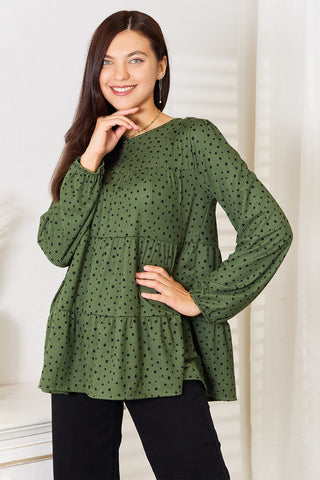 Heimish Full Size Long Puff Sleeve Polka Tiered Top Trendsi