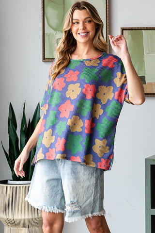 HOPELY Full Size Floral Round Neck Side Slit T-Shirt Trendsi