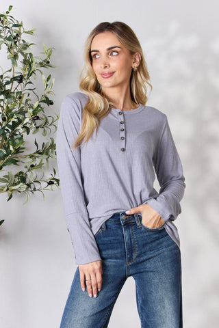 Heimish Full Size Texture Half Button Long Sleeve Top Trendsi