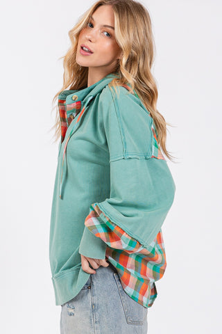 SAGE + FIG Full Size Plaid Print Washed Hoodie Trendsi