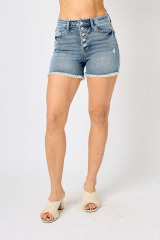 Judy Blue Full Size Button Fly Raw Hem Denim Shorts Trendsi