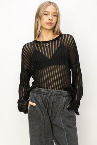 HYFVE Openwork Ribbed Long Sleeve Knit Top Trendsi