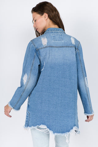 American Bazi Distressed Frayed Hem Denim Jacket Trendsi