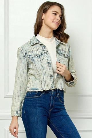 Veveret Multi Color Stripe Rhinestone Raw Hem Denim Jacket Trendsi