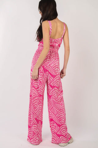 VERY J Printed Pleated Sleeveless Wide Leg Jumpsuit Trendsi