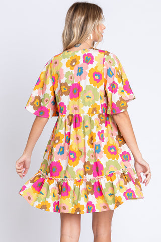 GeeGee Full Size Floral V-Neck Ruffle Trim Mini Dress Trendsi