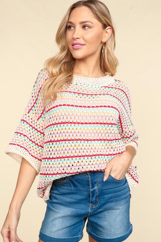 Haptics Striped Crochet Drop Shoulder Knit Top Trendsi