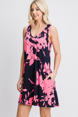 Heimish Full Size Floral V-Neck Tank Dress with Pockets Trendsi